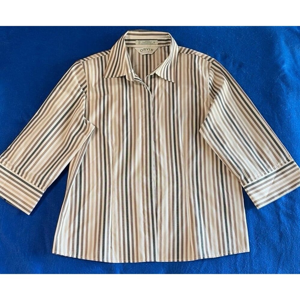 Orvis Striped 3/4 Sleeve Button-Down Blouse - Size 6
